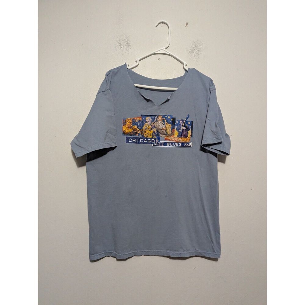 Chicago Jazz Blues R&B Graphic‎ T-Shirt Mens Blue Cut Neck Music Tee XL